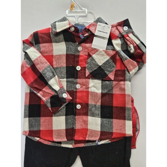 DKNY Size 12M Set Of 3, Red Vest/ Black Pants/ Red Plaid Button Up Long Sleeve - Picture 2 of 12